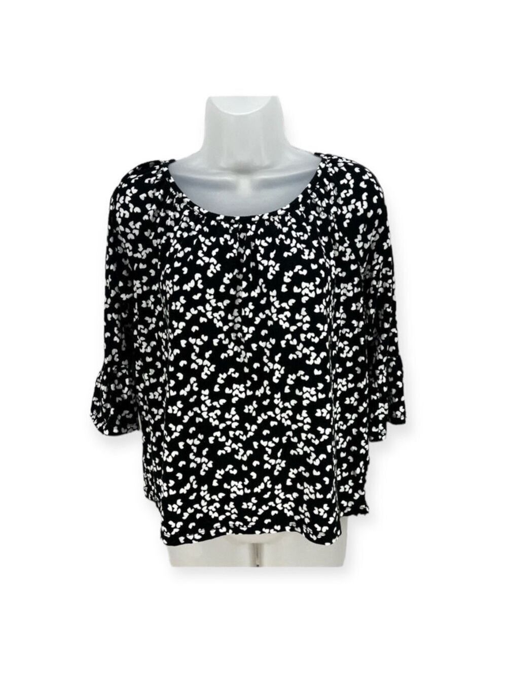 Michael Kors Black White Valentine Hearts 3/4 Bell Sleeve Blouse Top M
